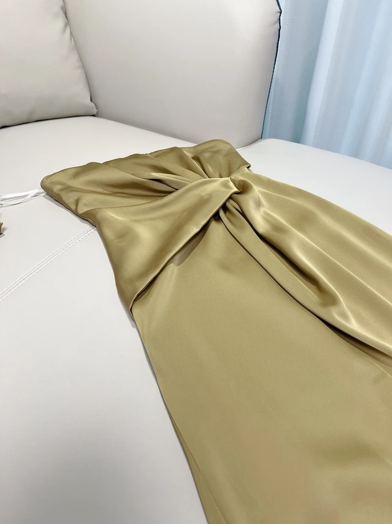 Ele een Silk Satin Dr Sexy oulder Bared Wrap Chest High Waist Long Skirt Vintage Sle  Summer Dr