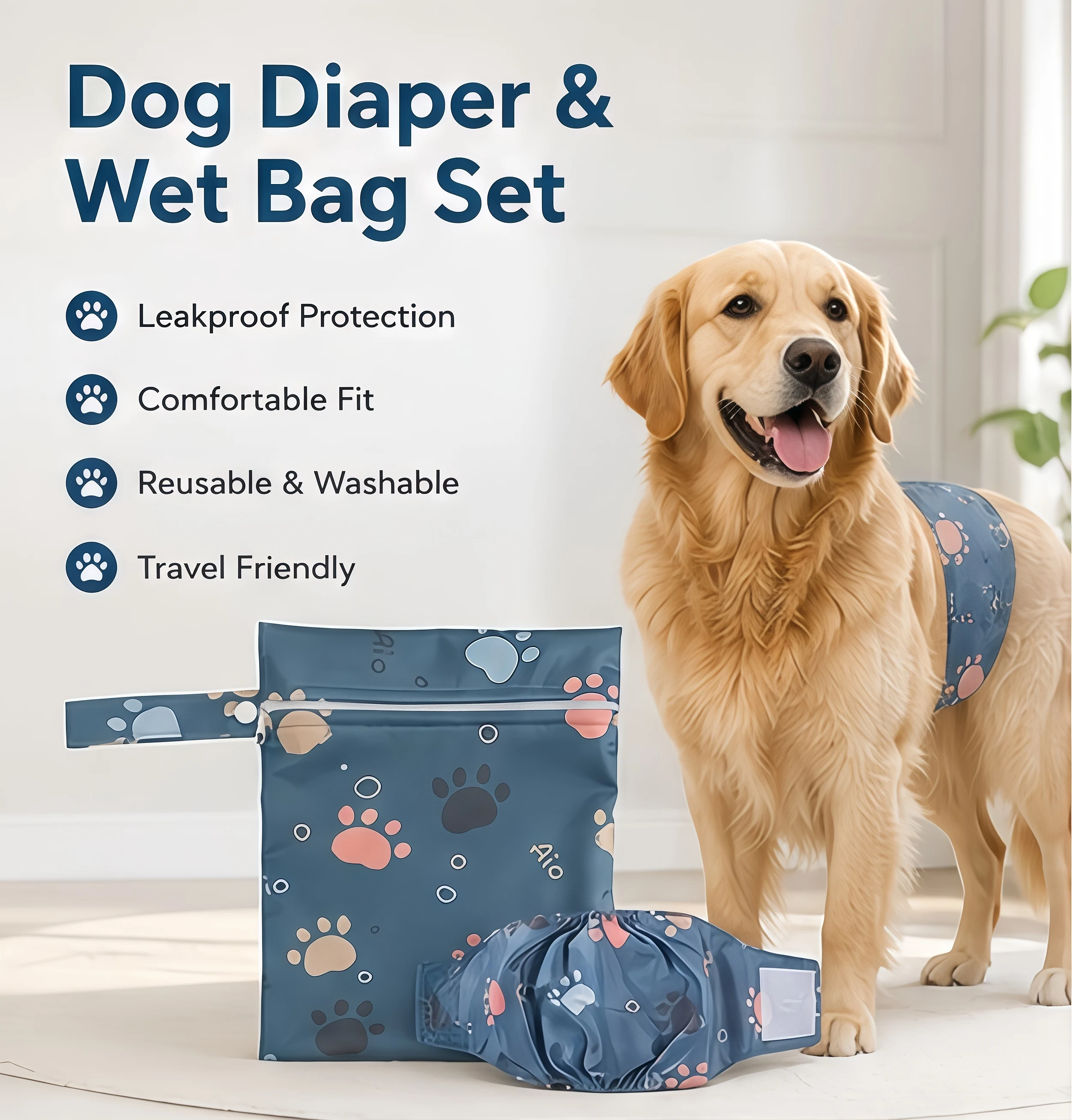 Reusable Belly Band for Male Dogs With 1 Bag ,Washable Pet Dog Diapers Physiological Pants Breathable Puppy Nappies