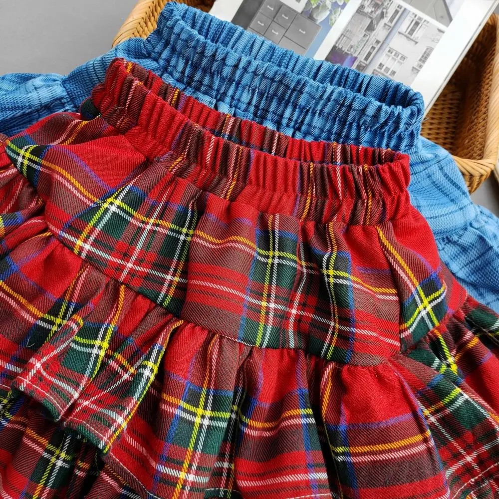 Plaid Ruffled Kids Baby Girls Cake Skirts Princess Ball Gown Pleated Tutu Skirts for Summer Autumn Children\'s Short Skirt