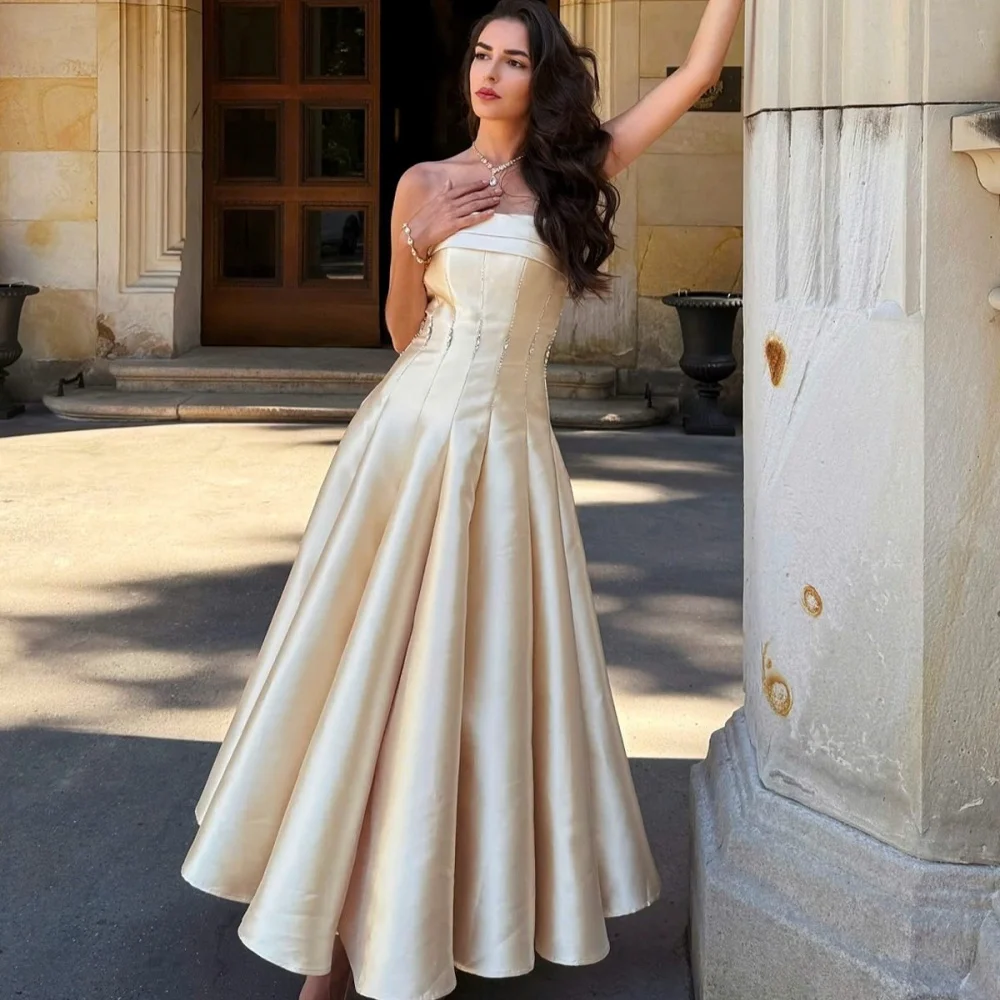Customized Modern Style Elegant Charmeuse Rhinestone Pleat A-line Strapless Ankle Length Dresses Bespoke Occasion Dresses Formal