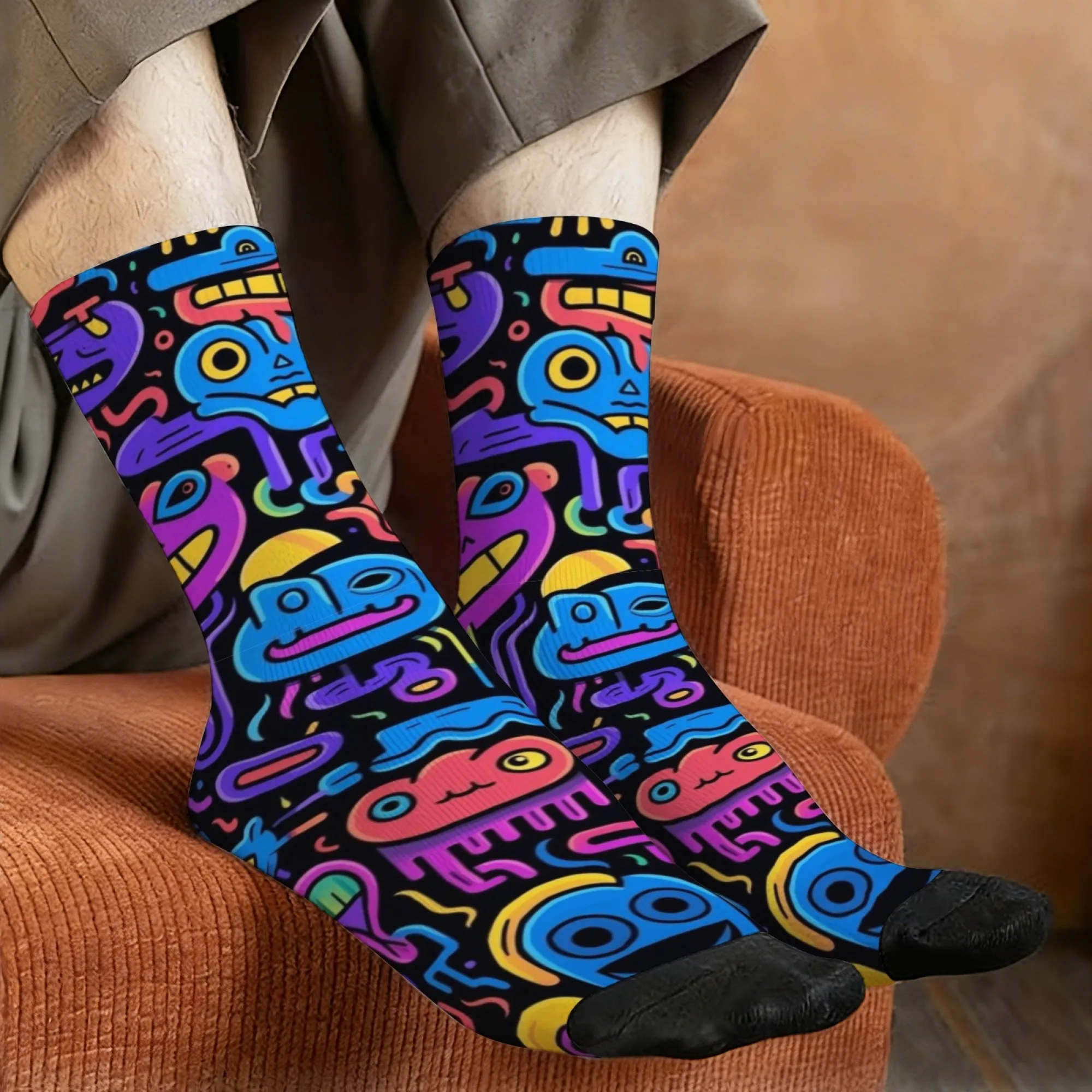 Harajuku retro street graffiti neon weird face print men's socks novel trendy hip-hop style casual socks crazy party gift