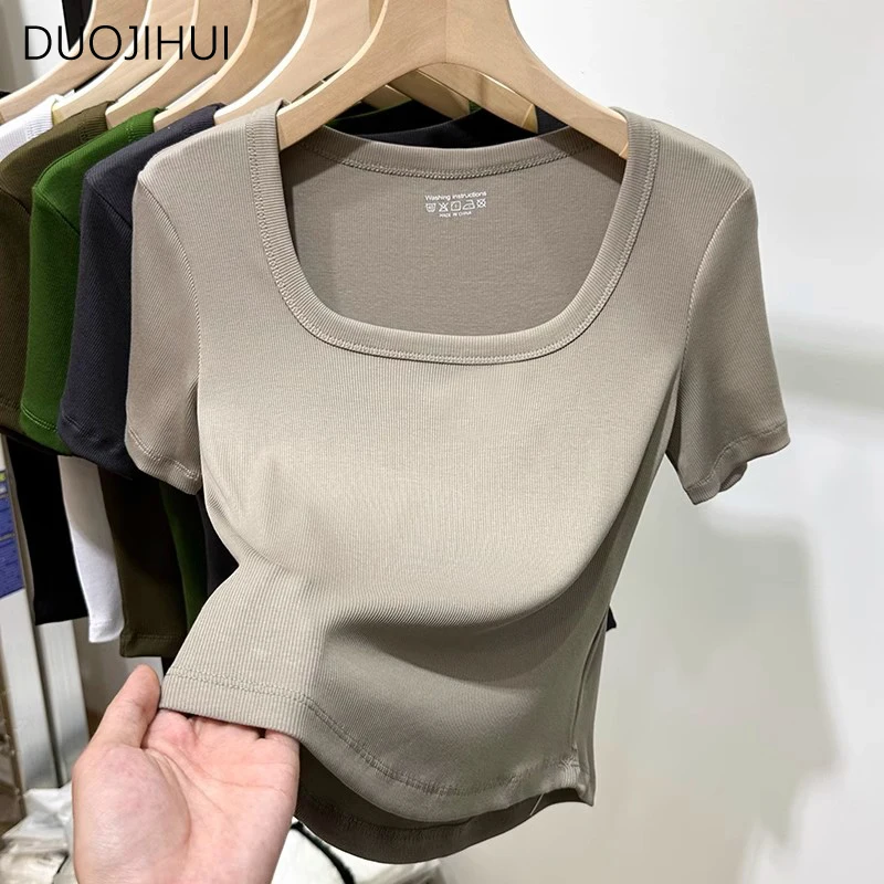 DUOJIHUI Green Sweet Square Neck Slim Waist Female T-shirts Summer Basic Solid Color Fashion Office Ladies Casual Women T-shirts