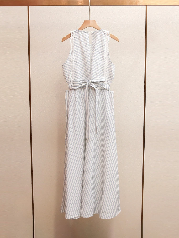High End Women's Summer New Item Elegant Design Sense Lace Hollow Striped Vest Dress