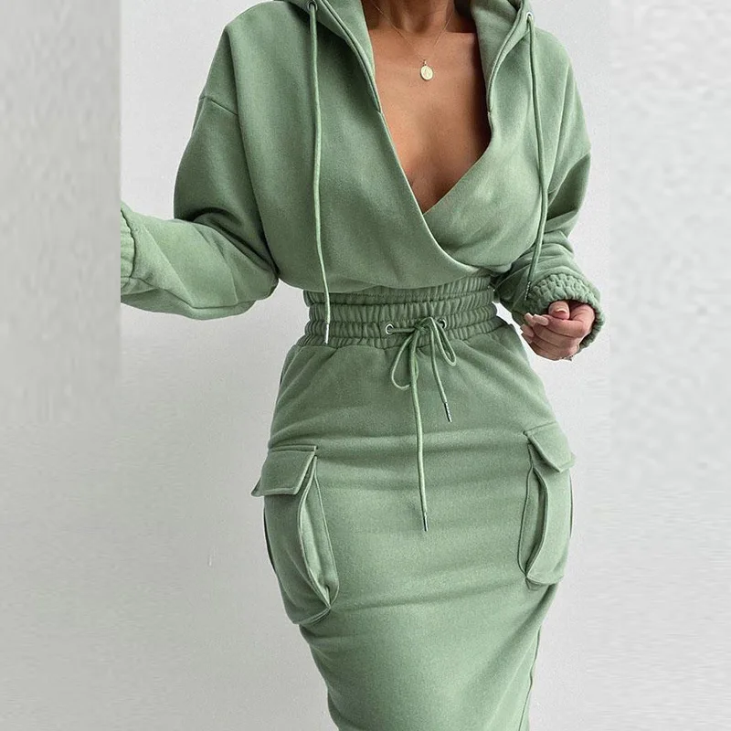 Women Solid Color Hooded V-neck Top Drawstring Tight Long Skirt Suit