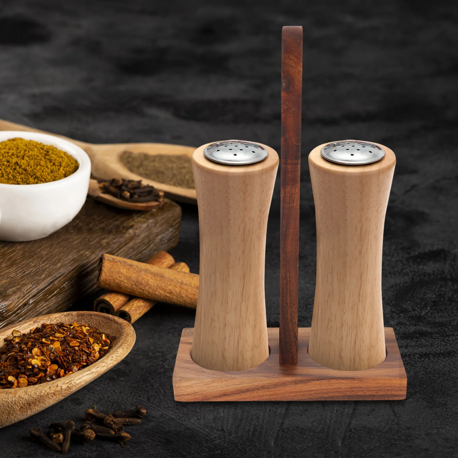 

Wooden Pepper Grinder Base Salt Pepper Tray With Handle Natural Wood Spice Mill Holder, Kitchen Counter Tray, Condiment