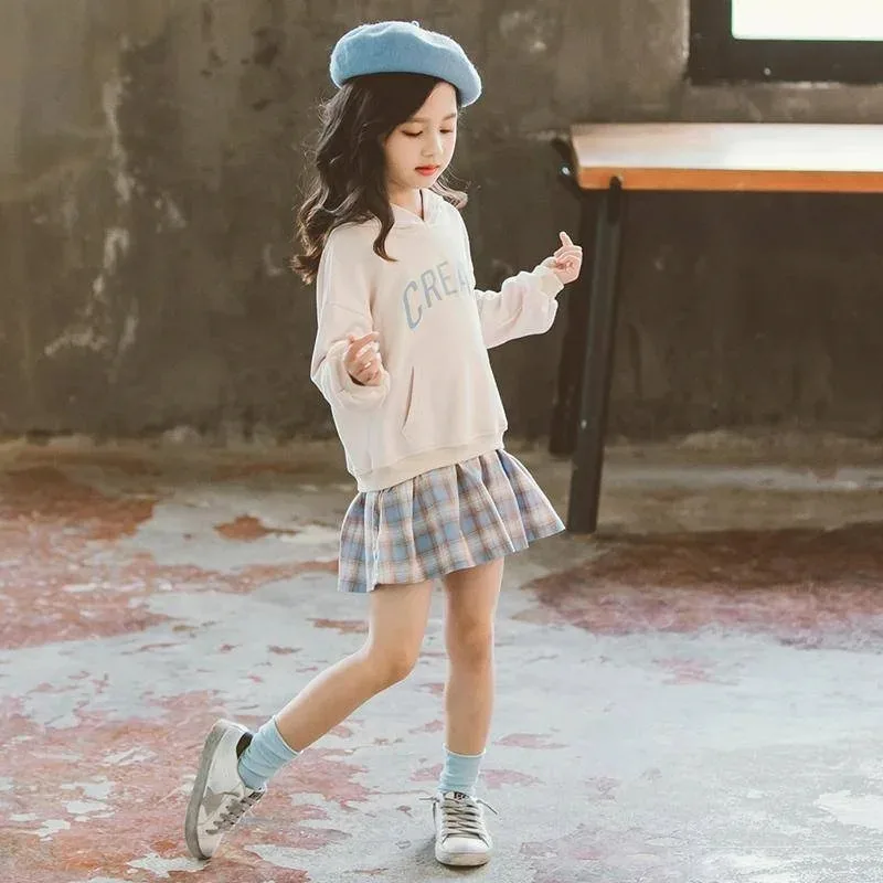 أطفال بنات ملابس مطوي فستان فتاة مقنعين البلوز وهمية قطعتين فستان 3 4 5 6 7 8 9 10 سنوات