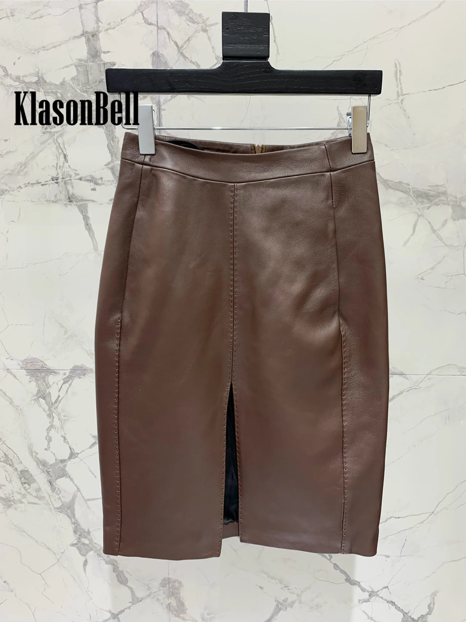 3.12 KlasonBell Soft Leather Side Pocket Front Split Skirt Women Elegant All-matches High Waist Genuine Leather Skirt Beltless