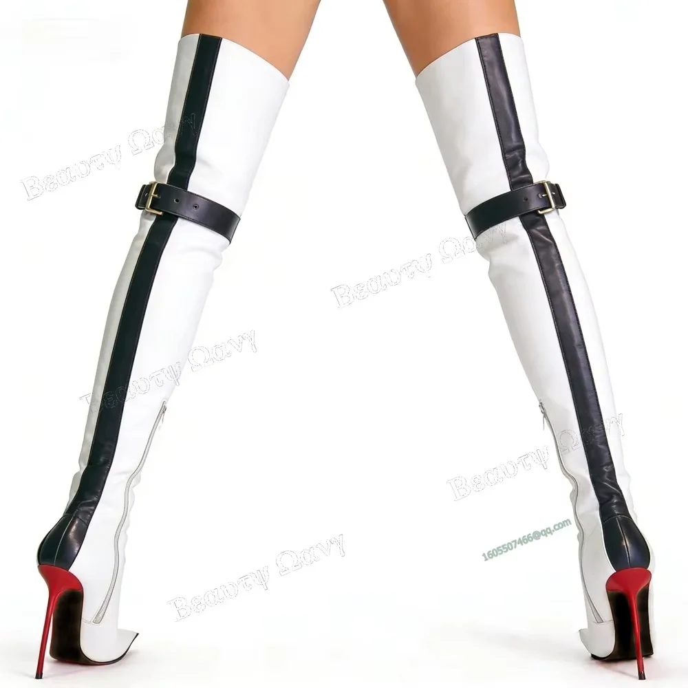 White Back Belt Boots Pointed Toe over the Knee Side Zipper Thigh High Heel Shoes Sexy Women Shoes New Zapatos Para Mujere