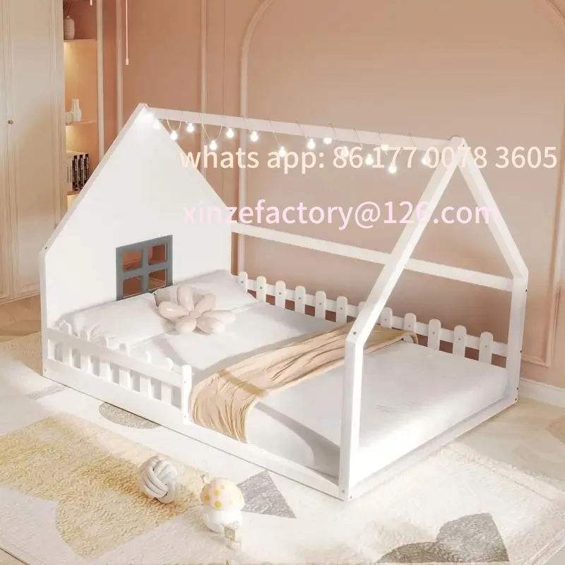 

Customizable Full Size Wooden House Bed with Window and Fence in White