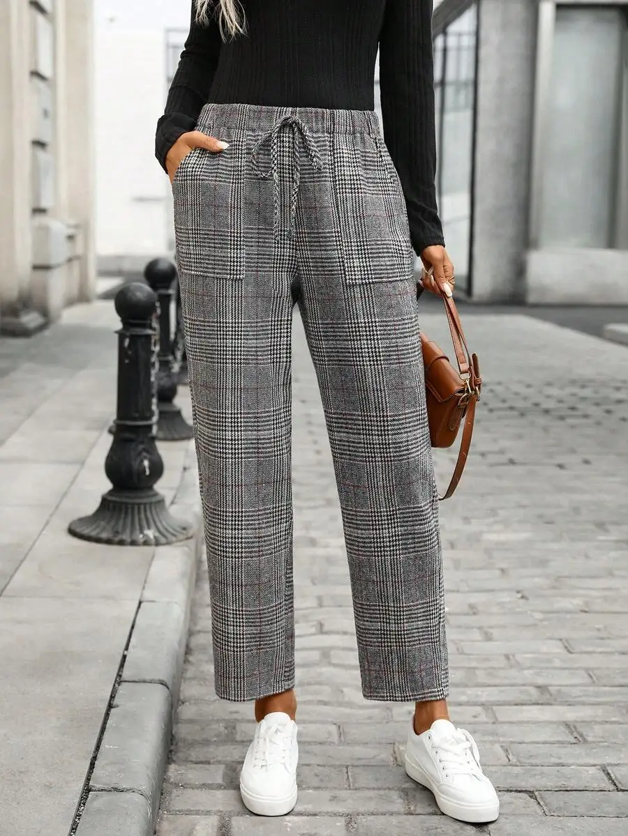 

Женские прямые брюки в клетку с завязками на талии, повседневный комфортный крой