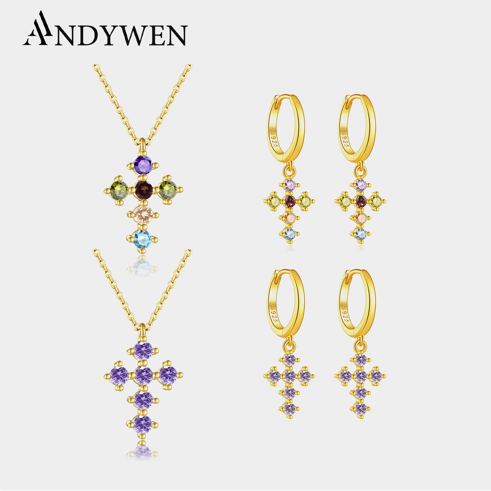 ANDYWEN 925 Sterling Silver Gold Purple Cross Pendant Necklace Chain Drop Earring Circle Hoop Luxury Women Jewelry Crystal