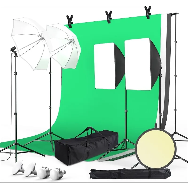 

Photography Lighting Kit, 8.5 x 10 ft Backdrop Stands with Green Screen, Softbox and Umbrella with 5500 K, 97CRI, LED Bul