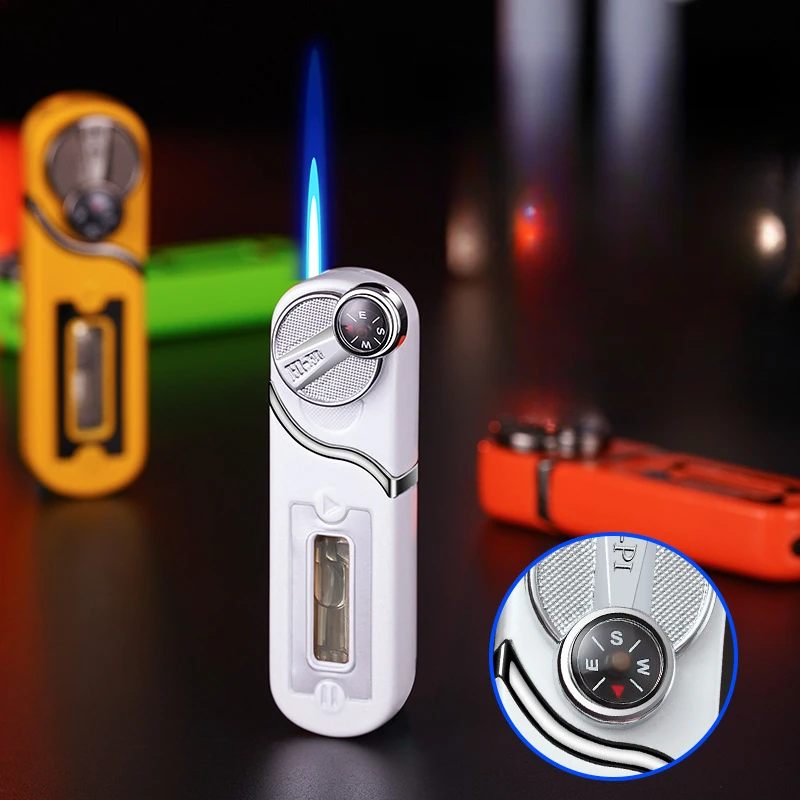 Outdoor Windproof Inflatable Compass Lighter Blue Flame Mini Portable Rocker Ignition Visible Gas Chamber Cute Lighter