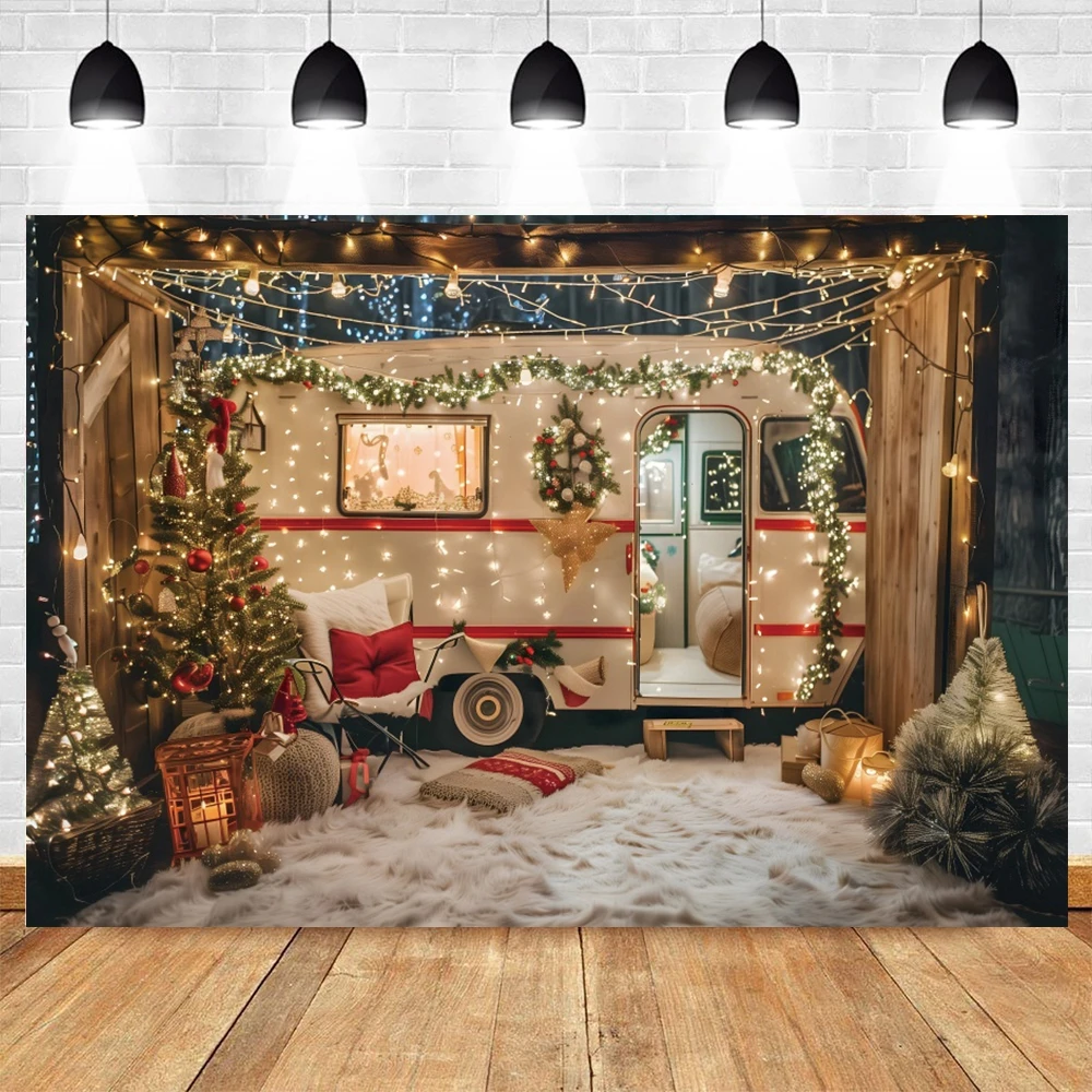 Winter Snowy Bus Christmas Background Photography Camping Forest Xmas Trees Kids Family Portrait Christmas Backdrop Photo Studio