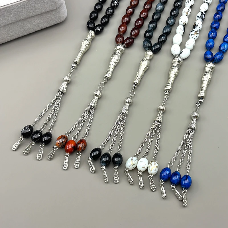 33 قطعة البيضاوي الزجاج الخرز أساور للنساء الرجال مسلم مسبحة العبادة تسبيح اليد سلسلة شرابة قلادة الإسلامية كيرينغ مجوهرات