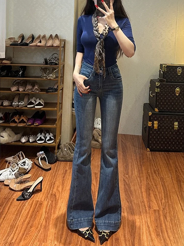 

Deep Blue Flared Jeans Women's High Waist Slimming Leg Lengthening Faionable Bell Bot Autumn New Arrival
