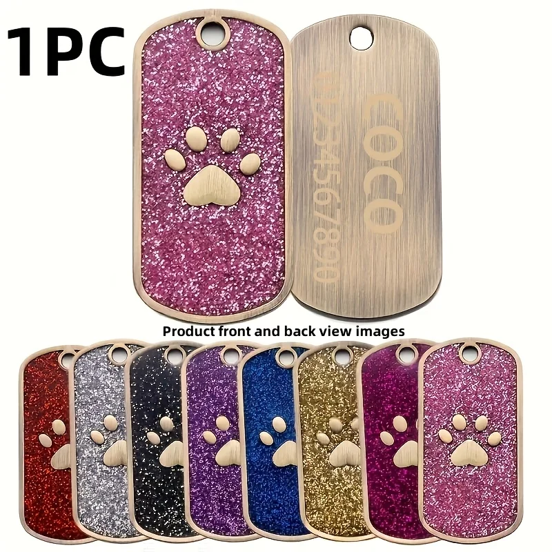 Rechteckiges Haustier-Namensschild aus Zinklegierung mit Personalisiertem Glitzer-Fußabdruck, Haustier-Accessoire Gravierbar mit Telefonnummer des Besitzers
