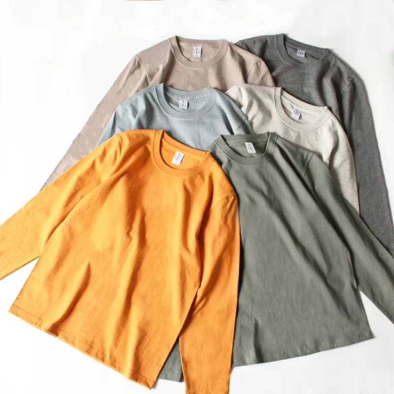 265g Cotton Thick Heavy Duty T-shirt Solid Color Seamless Woven Bottom Tee Tops Round Neck Men's Long Sleeve T-shirt Fitness