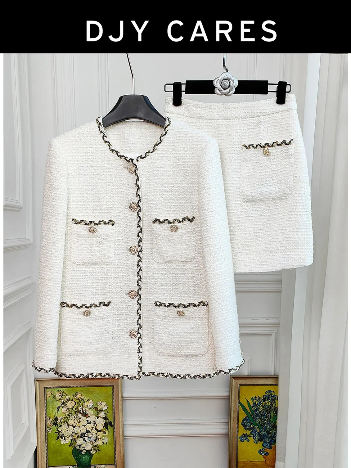 New Fashionable white mid length jacket+slimming skirt set big size