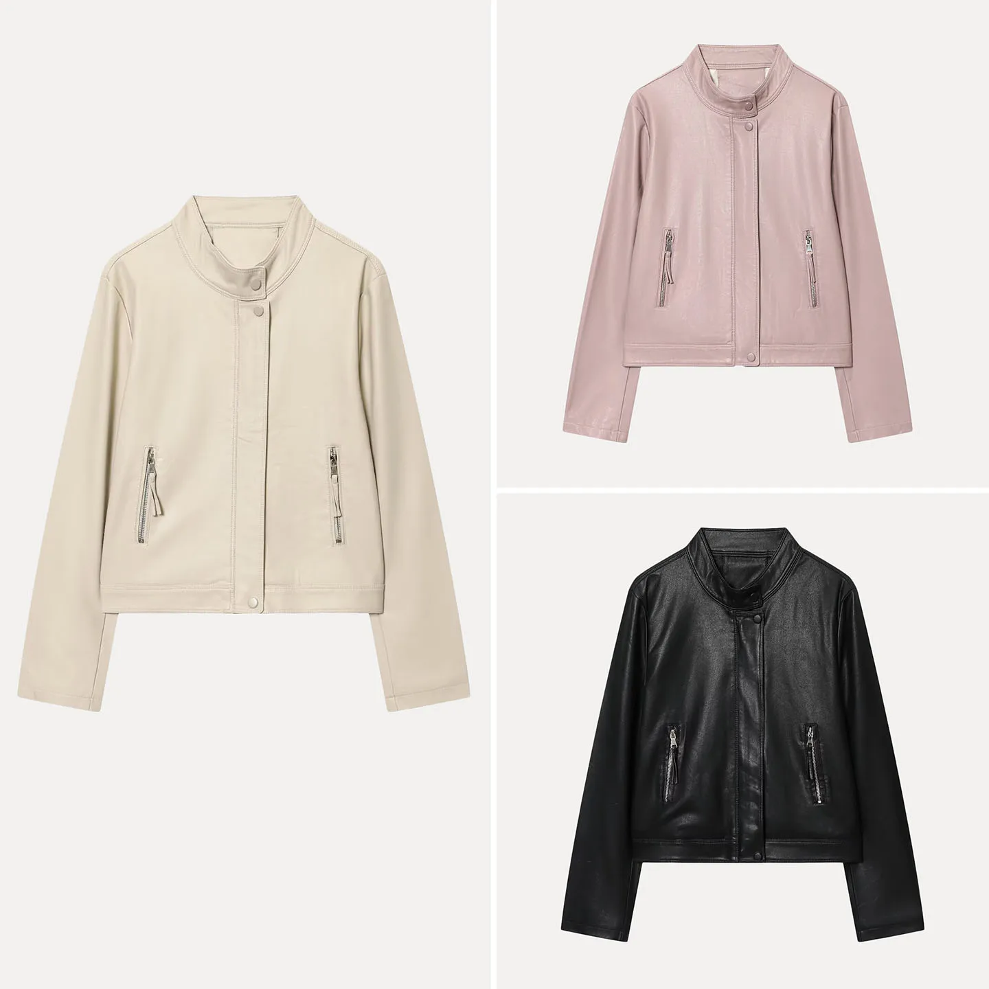 

Ele Casual Leather Jaet for Women Double Zipper Stand Collar Versatile Autumn New Sle Youth Commute Wind Faionable