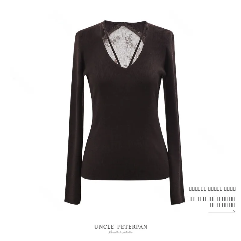 

Женский топ Slim Fit с кружевным V-образным вырезом и ажурным дизайном в стиле Peter Pan Uncle Negative Image Montage, французский стиль, зима