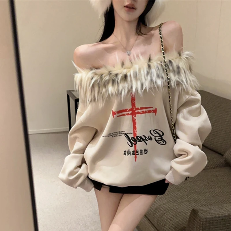 

Женская лоскутная толстовка из искусственного лисьего меха, сексуальный топ с открытыми плечами и длинными рукавами, Harajuku Y2K, свободная повседневная американская уличная футболка