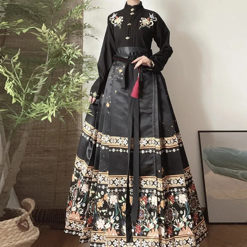 

Новая женская двубортная рубашка Hanfu в китайском стиле Ming с воротником-стойкой и элементами Han, повседневная юбка с лицом лошади