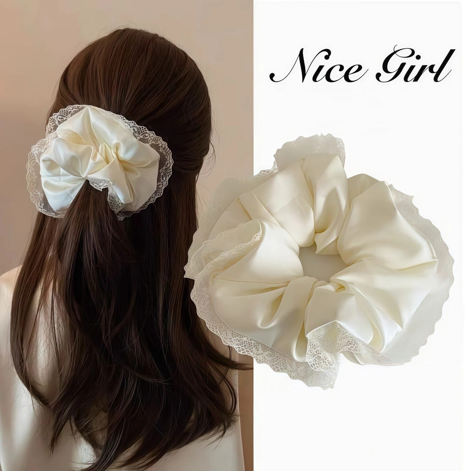 Attaches de cheveux en Satin noir et blanc, chouchous garnés de dentelle, accessoires de cheveux élégants pour le style quotidien des femmes, 1 pièce