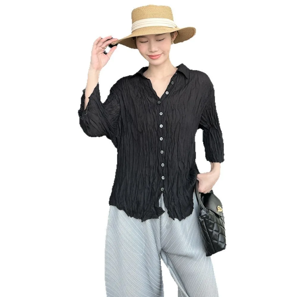 เดี่ยวสีทึบLapelผู้หญิงเสื้อMiyakeจีบ 2025 ฤดูร้อนใหม่เสื้อลําลองแฟชั่นCardiganเสื้อผ้าALSEY