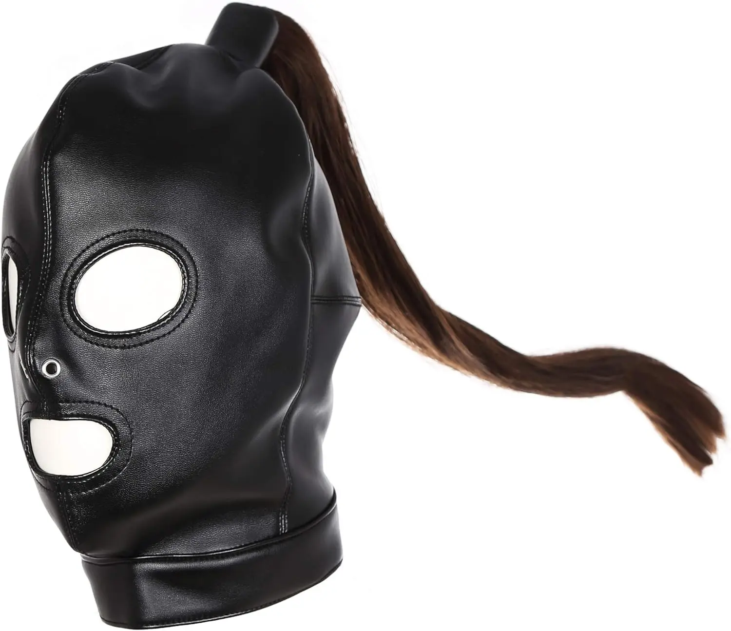 

PU Leather Bondage Mask Hood SM Sex Toy with Removable Wig, Unisex Adult Eyes Mouth Open Black Restraint Headgear Mask Hood