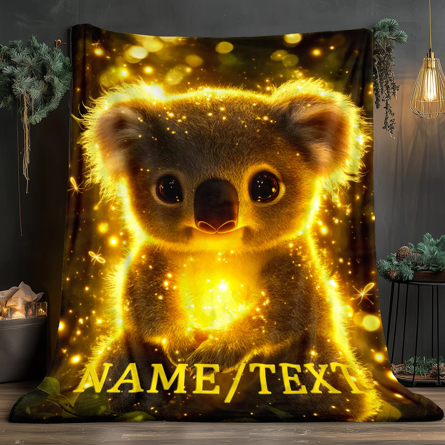 Personalized Glowing Koala HD Print Blanket - Soft & Warm Flannel Throw for Travel, Sofa, Office | Custom Name/Text