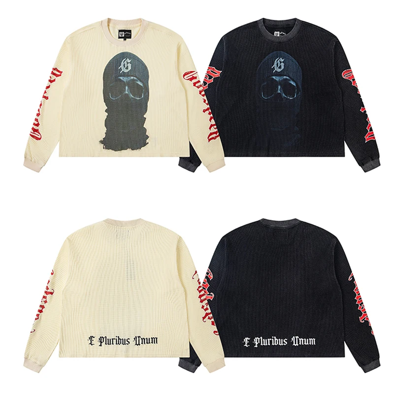 

Waffle Fabric Godspeed Long-sleeved Men's Women's Autumn New Skull Print Retro Hip-hop Style Street GOD SPEED T-shirts