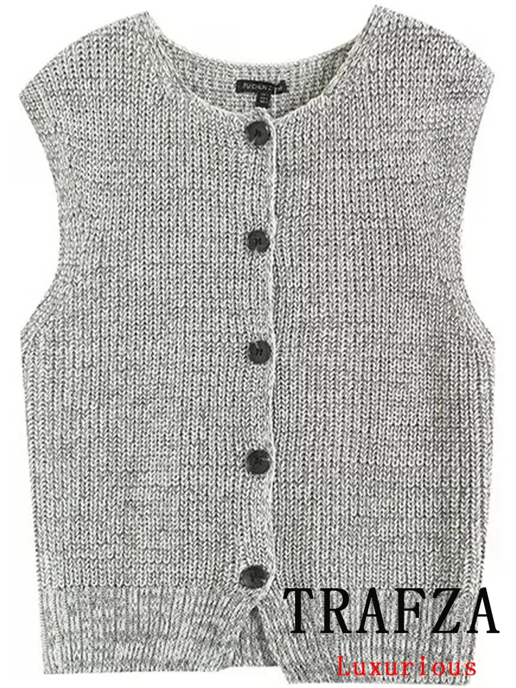 TRAFZA Vintage Women Vest  Solid O-Neck Sleeveless Single Breasted Knitted Slim Sweaters New Fashion 2024 Autumn Female Tops