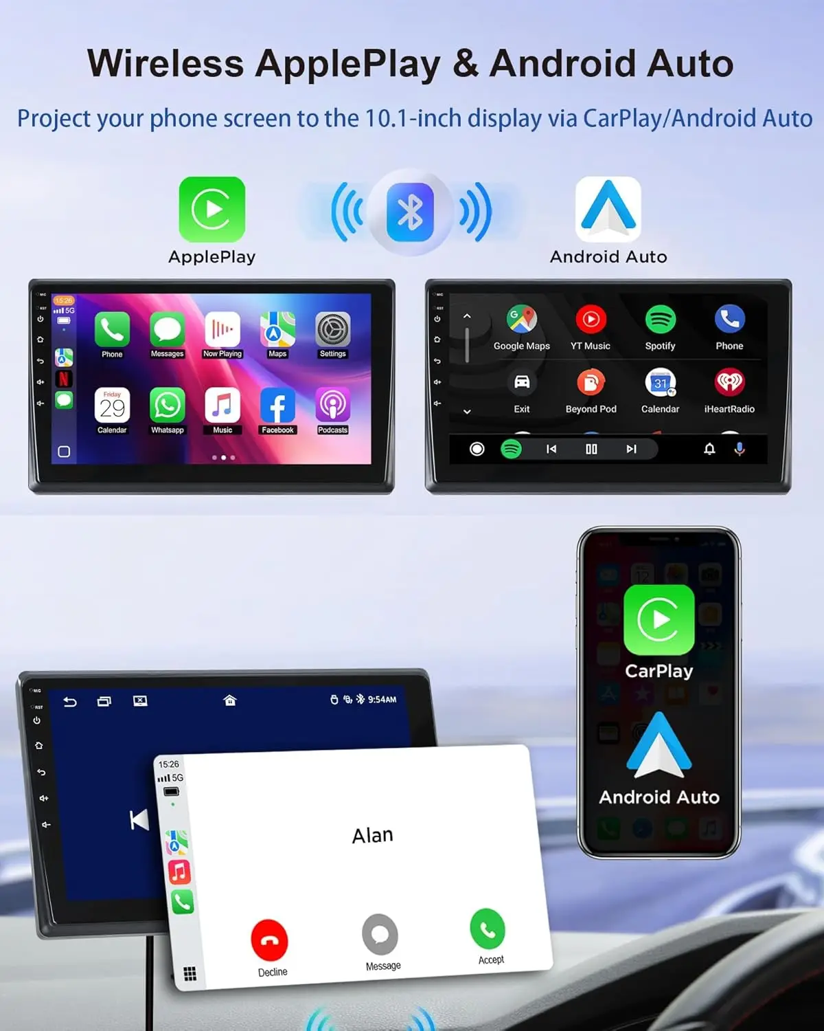 RV Backup Camera System with Carplay, Wired Security 1080P Cameras with 10.1 inch Android Auto 6 CH Touch Screen