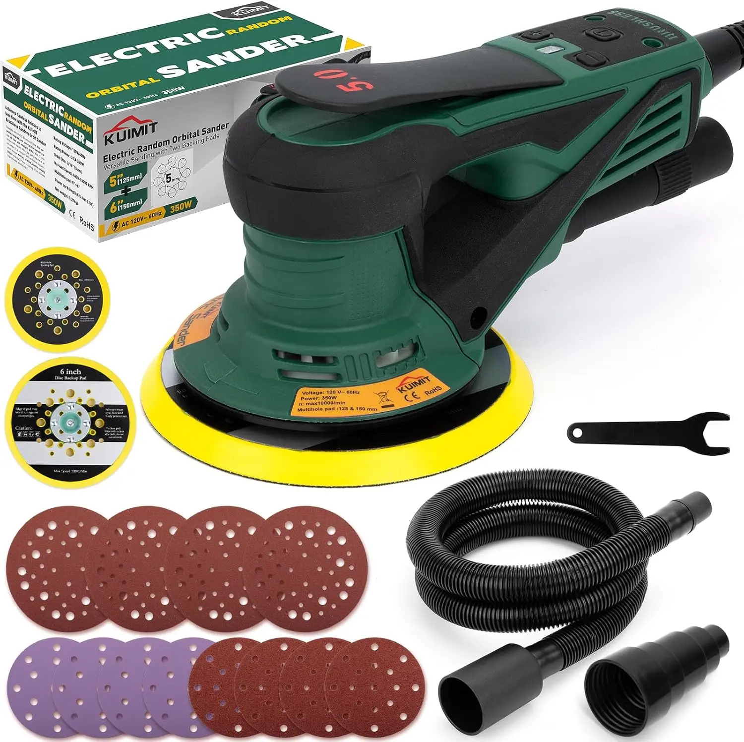 Random Orbital Sander, 350W brushless motor with 5&6-inch pads, 4000-10000RPM Electric Palm Sander for Woodworking, Sanding and