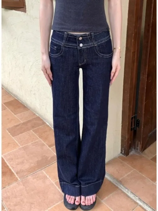 plus Size American Retro Flared Low Waist Straight Leg Jeans Women's Small Size Double Belt Buckle Loose Fit Denim Pants