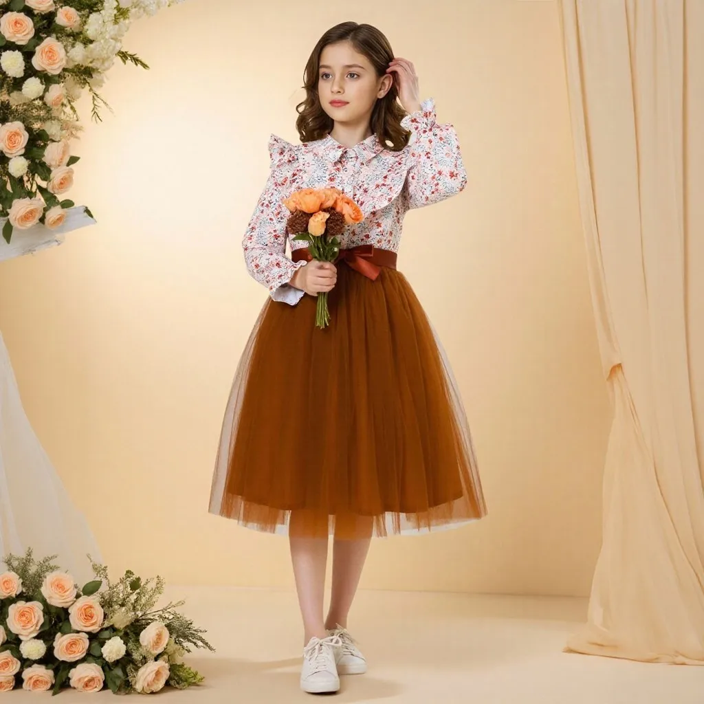Kids Girl Black Dress Summer Long Sleeve Floral Gauze Belt Children Dress Casual Elegant Teen Princess Dress 7 8 9 10 11 12 Yrs