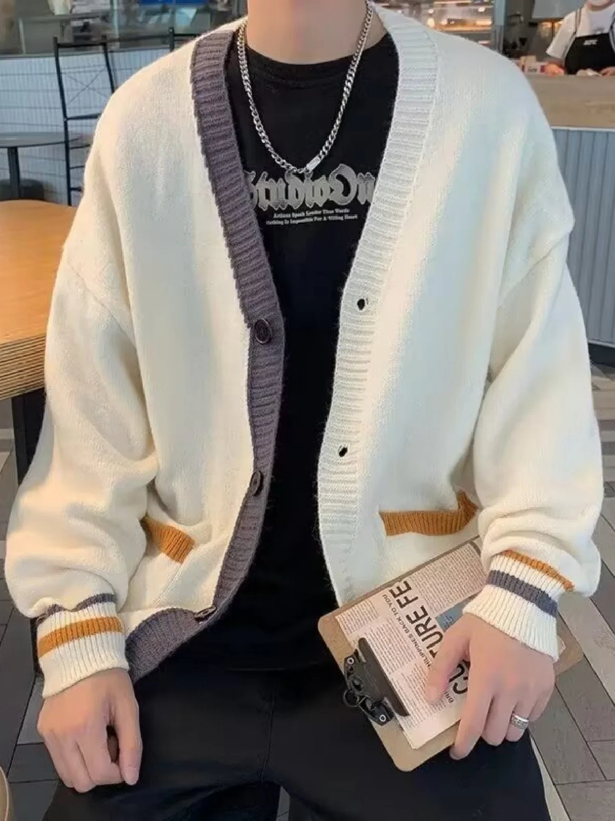 

Trendy Men's Knitted Sweater Coat Spring Autumn Loose Lazy Sle Warmth Knitwear V-Ne Long Sve Polyester Fiber Casual Wear