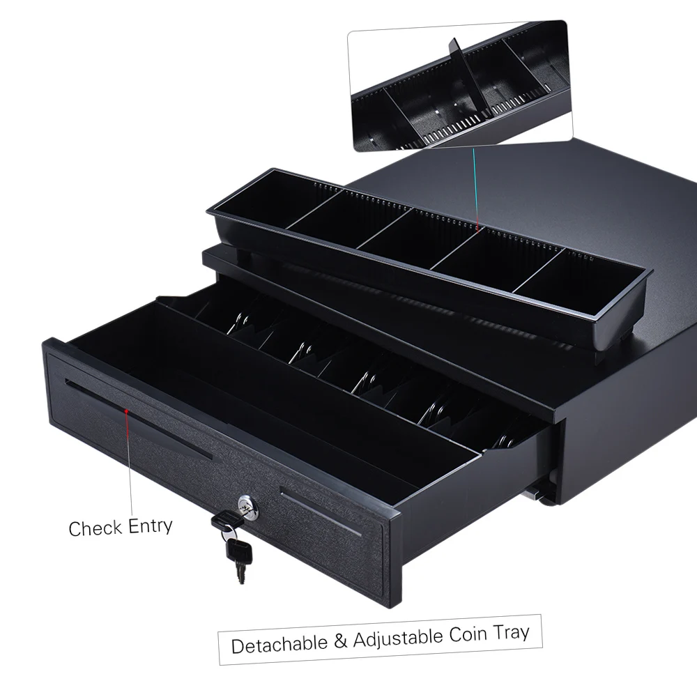 Heavy Duty Electronic Cash Drawer Box Case Storage 5 Bill 5 Coin Trays Check Entry Support Auto Manual Open Key-lock RJ11