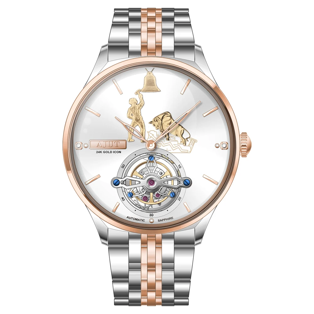 AJUT Automatic Tourbillon Mechanical Men watches 0375 Luxury Tourbillon Dial With 24K Gold Figures Clock Bull Horse Man Watch