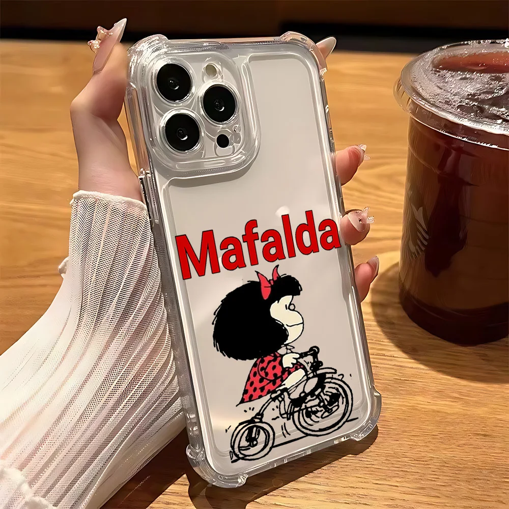 Cute Cartoon Bow Mafaldas Phone Case for IPhone 16 15 14 13 12 11 Mini Pro Max X XR XSMax 7 8 Plus Shockproof Transparent Cover
