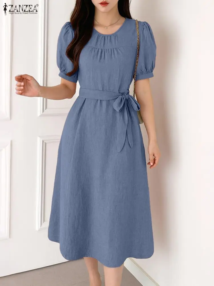 

ZANZEA Elegant Chic Women A-Line Dresses Wedding Guest Korean Fashion Short Puff Sleeve Belted Knee-Length Dress Crinkled Fabric