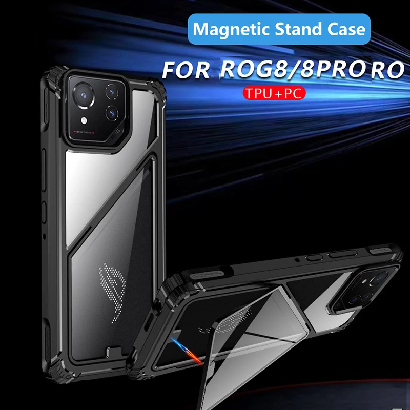 حافظة مضادة للصدمات لهاتف Asus ROG Phone 8 Rog 8 Pro Hard PC + غطاء حماية هجين من مادة TPU غطاء شفاف قابل للطي ومسند مقاوم للصدمات