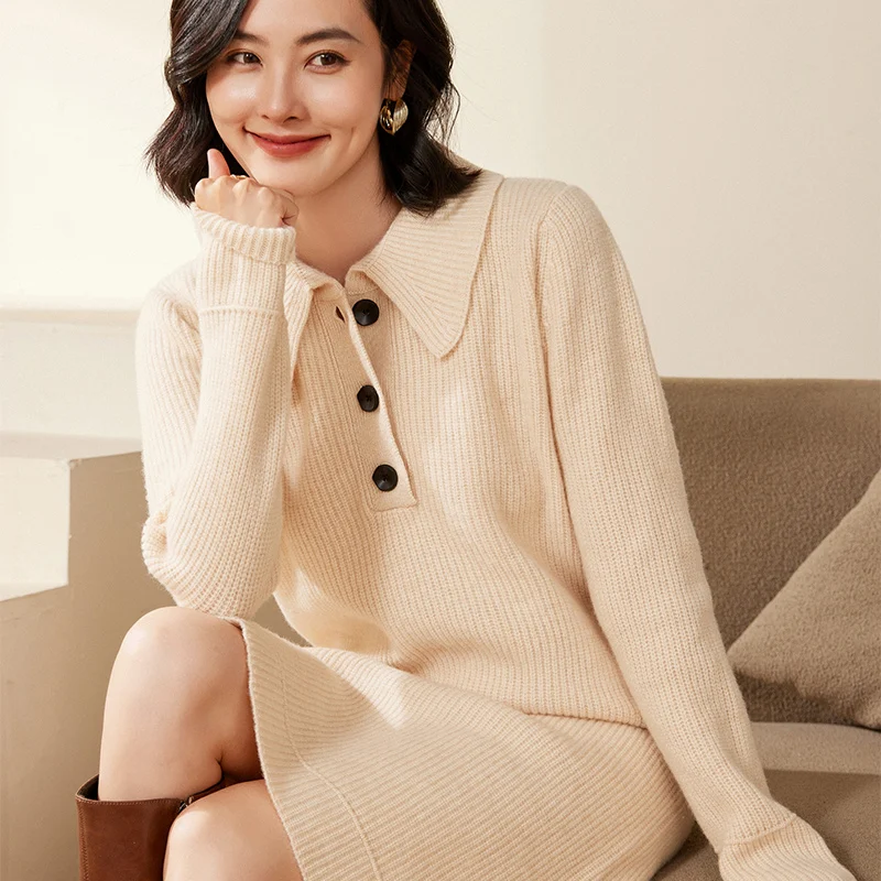 

Осенне-зимнее новое длинное вязаное платье из 100% шерсти с воротником-поло, тонкий свободный свитер, нижняя рубашка