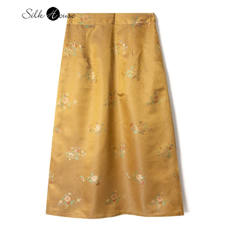 

2025 Women's Fashion Early Autumn New Bright Yellow Rose Flower 100% Natural Mulberry Silk Song Brocade Casual Skirt