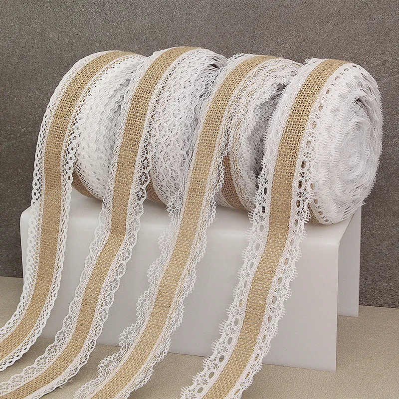 2 Meter 25 mm Jute-Sackleinen-Sackleinenband mit Spitzenbesatz, Weihnachtsfeier, DIY, Basteln, Vintage, rustikale Hochzeit, Geschenkverpackung, Dekoration