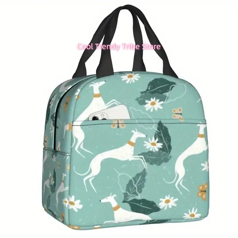 Thermal Insulated Lunch Bag with Cute Greyhound Dog Patterns - Leakproof Food Tote Cooler for Women, Kids, School, Picnics - Oxf