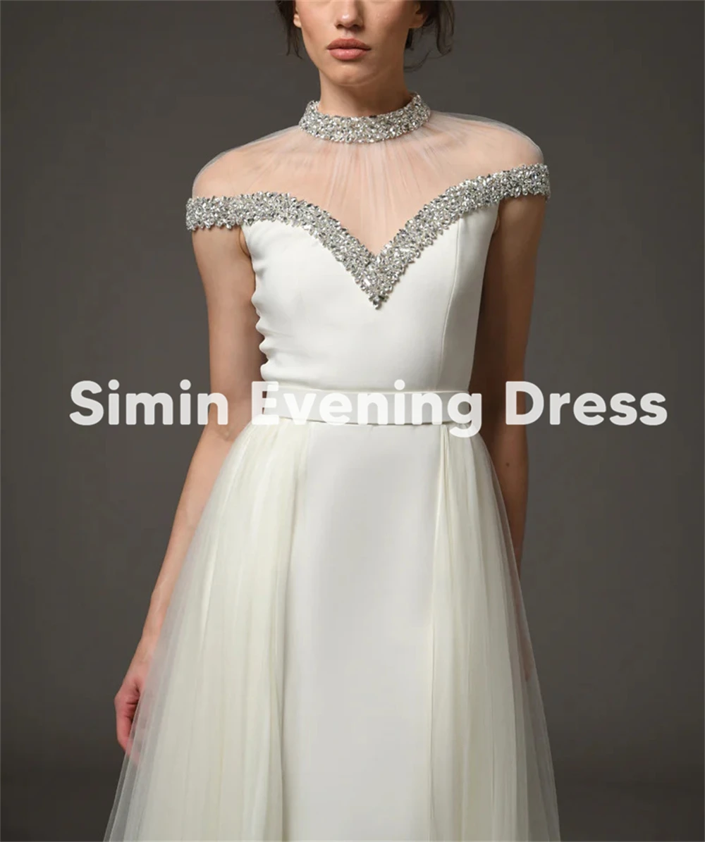 فساتين سهرة سعودية مستقيمة مطرزة برقبة دائرية للنساء من Simin بأكمام قصيرة مع ذيل بطول الأرض فساتين أنيقة رسمية 2025