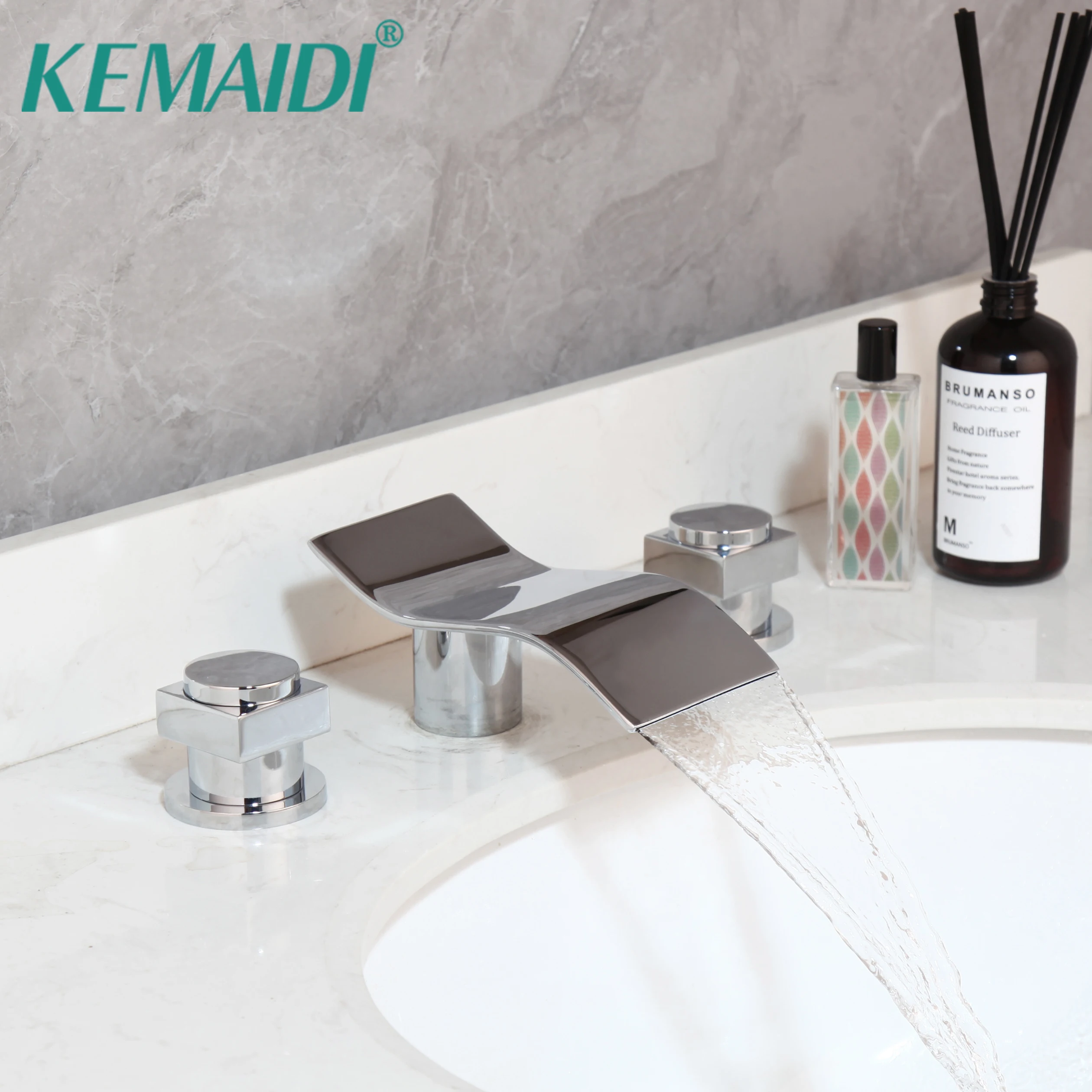 

KEMAIDI Solid Brass Waterfall Basin Faucet Dual Handle Widespread Bathroom Sink Mixer Tap Deck Mounted Bathtub Mixers Crane