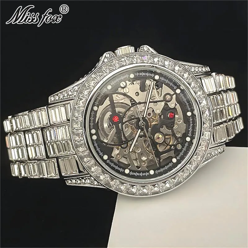 Missfox Fashion Skelet Horloge Voor Mannen Hiphop Big Square Diamond Bling Horloge Mans Luxe Automatisch Mechanisch Polshorloj